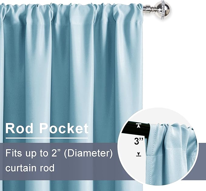 JIUZHEN Blackout Curtains for Bedroom– Thermal Insulated,Noise Reducing Room Darkening Privacy Drapes for Living Room, Set of 2 Panels with Tiebacks, 52 x 63 inch Long, Light Blue