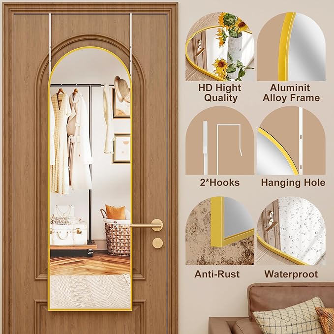 Full Length Door Mirror, Wall Mounted Wall & 48 “X14” Arched Behind Door Mirrors, Full Length Mirror for Use in Living Rooms, Rooms, Bedrooms, Cloakrooms, etc. (Gold)