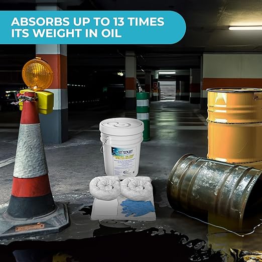 Stardust Spill Products D905P Oil Spill Kit OSHA Approved with Portable Bucket, (15) Oil Absorbent Pads, (2) 3"x4' Absorbent Socks, (4) Disposal Bags & Nitrile Gloves Oil Spill Kit for Fast Response