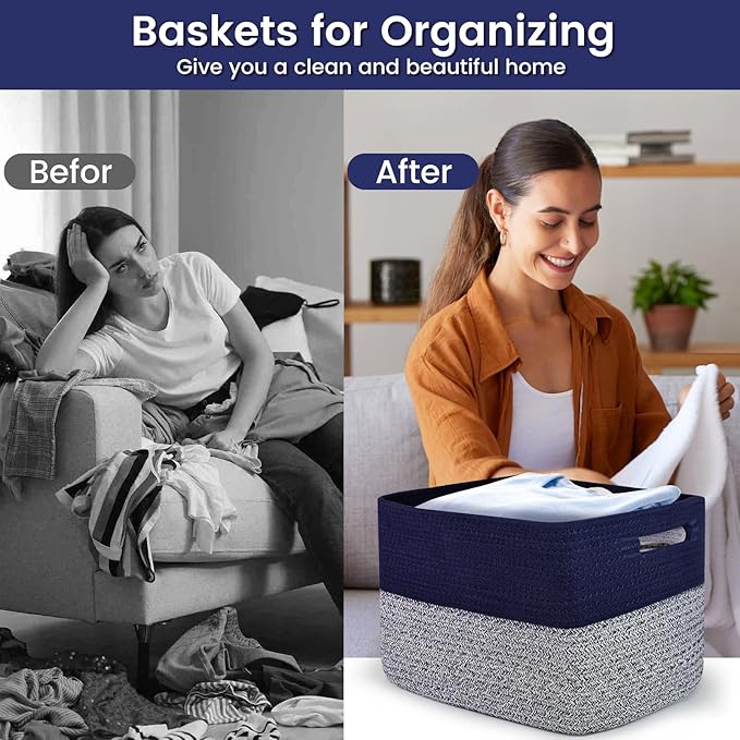 3 Pack Shelf Woven Storage Basket, 15 x 10 x 9” Closet Rope Baskets For Organizing, Square Bins with Handles, Grey+Blue