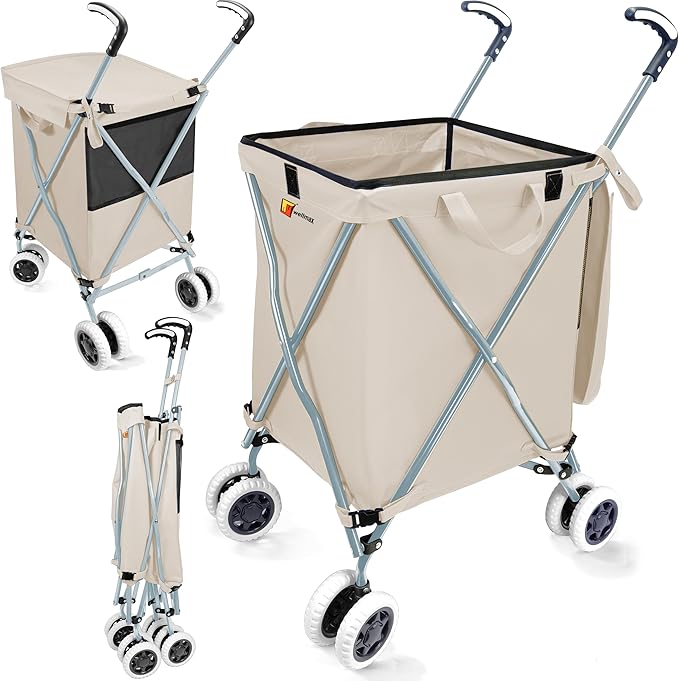 Wellmax WM99100 Series Folding Shopping Cart with Wheels, Grocery Cart with Removable Canvas with Cover, Lightweight Utility Cart for Groceries and Laundry - Holds up to 120 lbs (White)