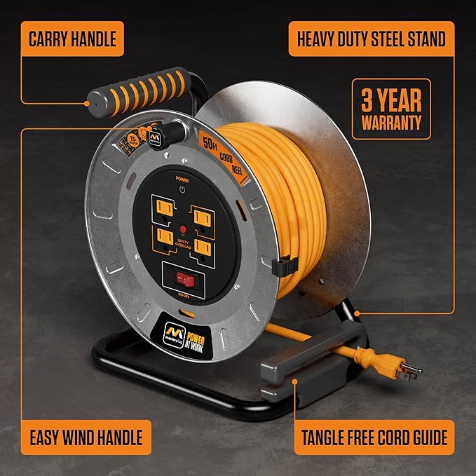 Masterplug 50ft Cord Reel, Metal Steel Cable Drum, Retractable Extension Lead with Winding Handle, Safety Overload Circuit Breaker and Power Switch, 4x Grounded Outlets, 15amps, 12AWG Cable