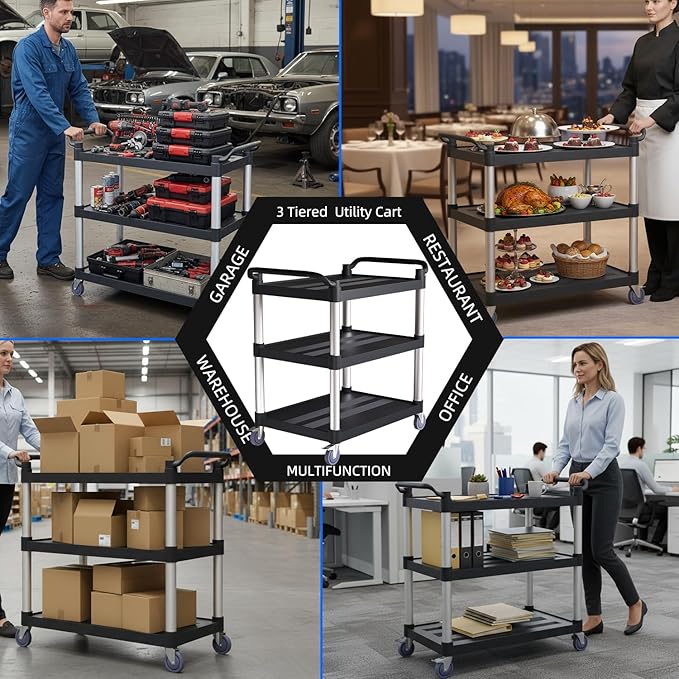 Utility Cart with Tangle-Free Wheels, 3 Tier Rolling Cart with Wheels(2 with Brakes), Heavy Duty 350 Lbs Capacity,Commercial Serving Cart for Home, Office, Restaurant, Warehouse.