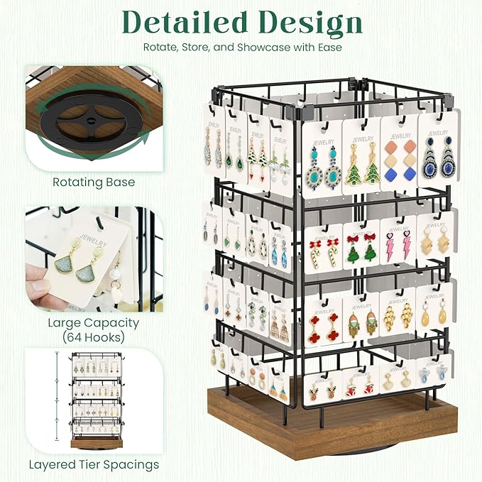 EsLuker.ly Rotating Earring Display Holder Stand for Vendors Events Selling, Large Capacity 64 Hooks Jewelry Rack with Wooden Base for Earring Card Sales, Enhances Retail Display Visibility