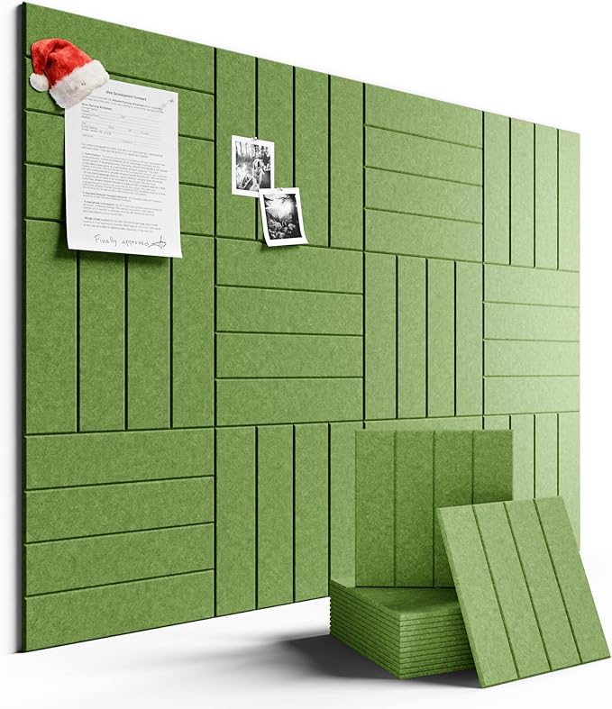 Felt Bulletin Board Tiles Large 48" x 36" Cork Board Alternative-12 Pack with 70 Adhesive Tabs, Thick Slat Wall Panels for Office Decor, Push Pin Board Wall Organizer Alternative-Kelly Green