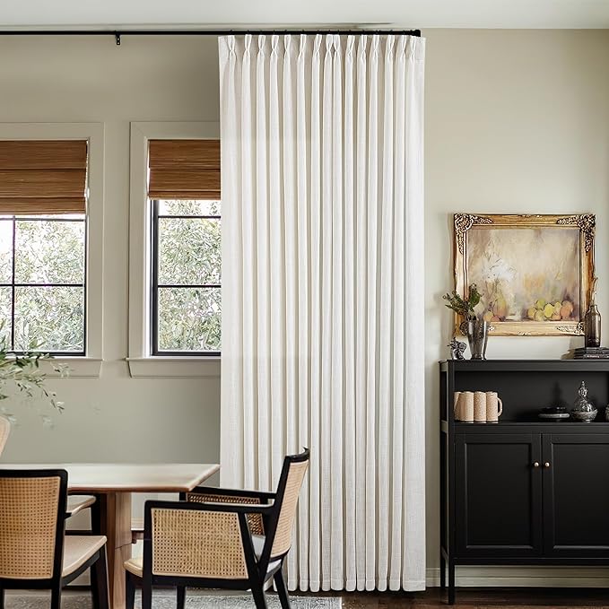 Extra Wide Pinch Pleat Linen Curtains 108 Inches Long for Living Room Sliding Glass Door 100 Inch Wide Semi Sheer Curtain Cream Ivory Pleated Drape Hooks Rings 100x108 Large Window Curtain 1 Panel