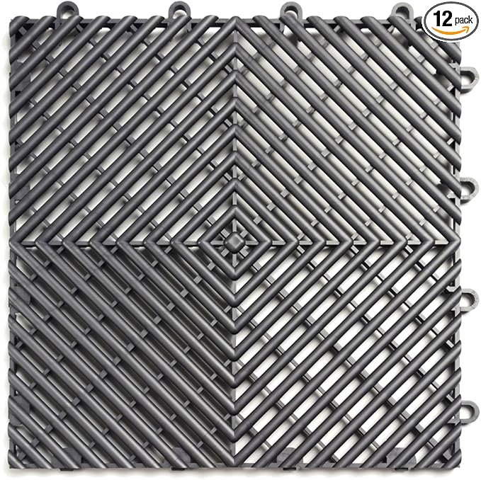 Big Floors RaceDeck Free-Flow Open Rib Self-Draining Design, Durable Copolymer Plastic Interlocking Modular Garage Flooring Tile (Graphite, 12 Pack of 12 x 12" Tiles)