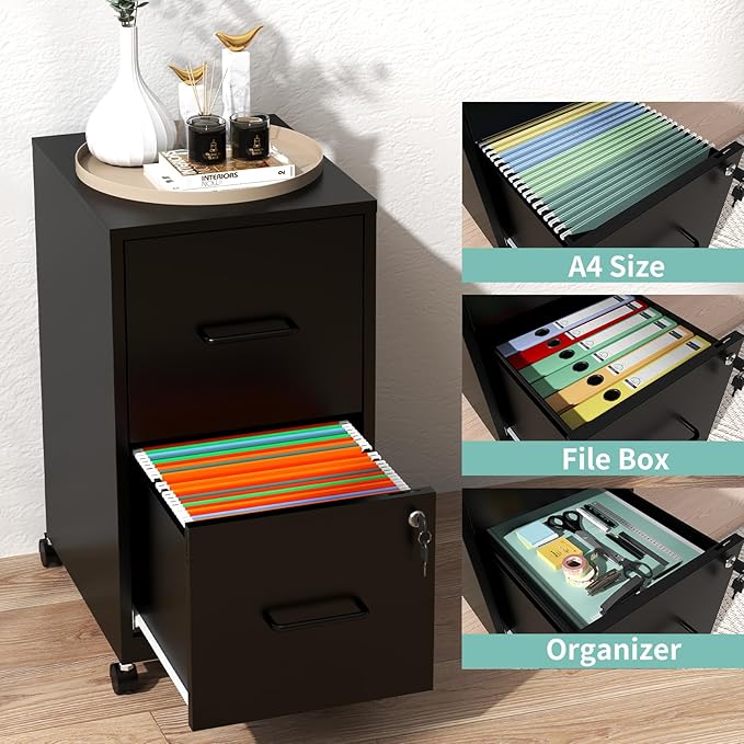 AQY 2 Drawer Mobile File Cabinet with Lock, Rolling Metal Filing Cabinet for Home Office, Vertical File Cabinet on Wheels, Small Black File Storage Cabinets for Legal/Letter/A4 Files Assembly Require