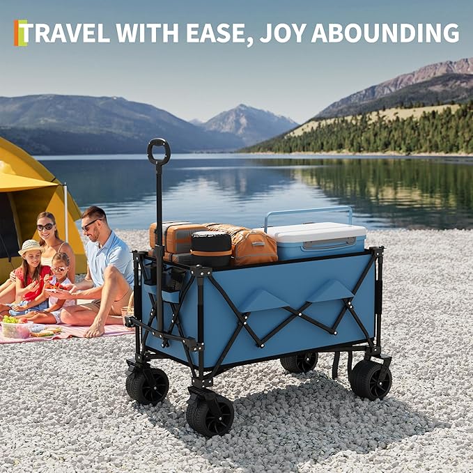 35" Foldable Wagon for Beach with 350lbs Weight Capacity, Heavy Duty 280L Extra Large Collapsible Foldable Wagon for Camping, All Terrain Beach Wagons Extended with Cup Holders for Sand