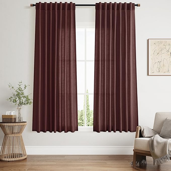 Reddish Brown Curtains 63 Inches Long 2 Panel Sets for Living Room Bedroom, Light Filtering Linen Drapes for Kitchen Windows Rod Pocket or Back Tab Curtain,Semi Sheer 52x63