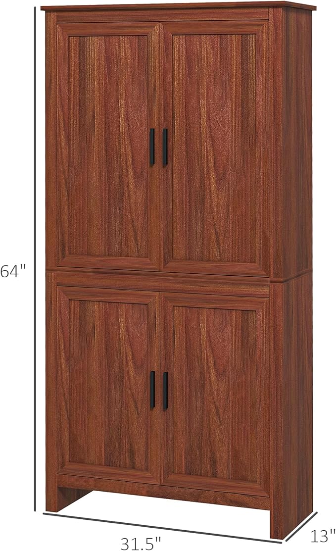 HOMCOM 64" Kitchen Pantry Cabinet, Freestanding Storage Cabinet with 4 Doors and 3 Adjustable Shelves for Dining Room, Brown