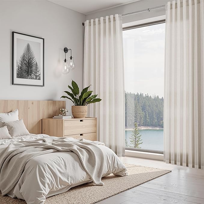 Nanspring Pearl White 102 Inch Long Curtains for Living Room Linen Light Filtering Semi Sheer Curtain Back Tab Coastal Decor Floor to Ceiling Modern Drapes for Bedroom Office 52x102, 2 Panels