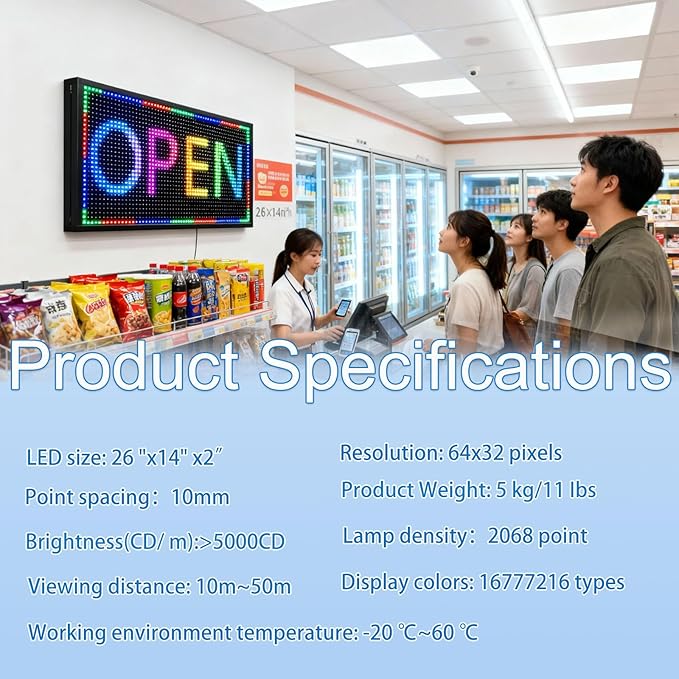 P10(26" * 14") Open Led Scrolling Sign Programmable Digital Outdoor Message Board Message Board Wifi Control Display Screen Matrix Panel Electronic For Business Full Color