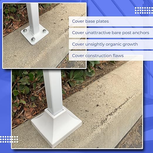 Deck Post Base Cover – Durable, Snap-Together Shoe Base Instantly Transforms Hand & Stair Rail Feet – Porch, Stair & Deck Brackets Cover – UV-Resistant ABS Plastic (White)