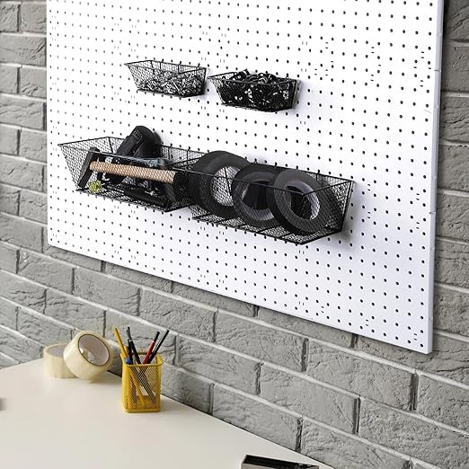 Sieral 4 Pcs Black Pegboard Baskets Metal Wire Shelf Baskets Peg Board Organizer Accessories Wall Mount Organizer Attachments for Garage Workbench Various Tool Accessories, 2 Sizes (Small, Large)