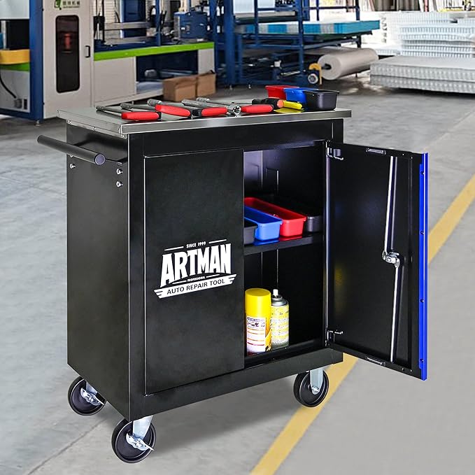 Rolling Tool Chest with 2 Doors and Adjustable Shelves, 25.9" D Movable Lockable Tool Cart Multi-Functional Hardware Storage Cabinet Box Auto Repair Locker