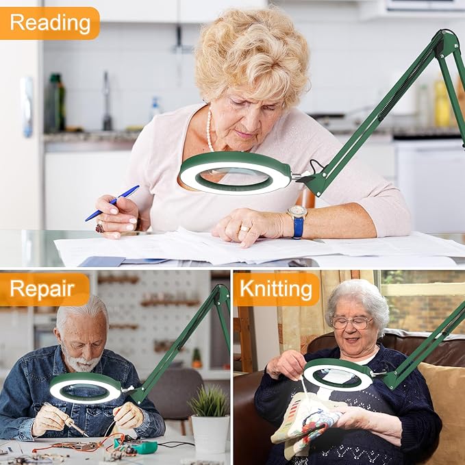 12X Large Magnifying Glass with Light and Clamp, Real Glass, 5 Color Modes, Stepless Dimmable, 2 x 16 Inch Adjustable Swing Arm Stand Desk Lamp, LED Lighted Magnifier Hands Free for Close Work - Green