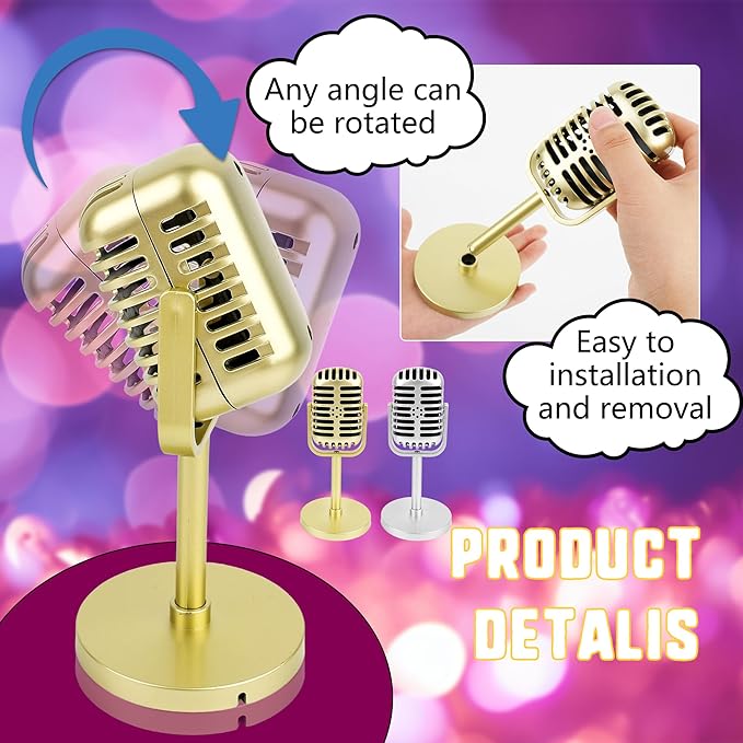 10 Pack Retro Microphone Props Fake Microphone Model with Stand Classic Vintage Plastic Antique Mic Table Decor for Halloween Party Decoration Rock Hip Hop Music Prop Pretend Play (Golden and Silver)