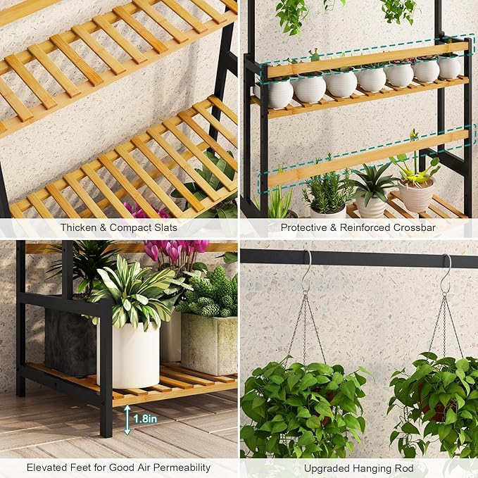 Ufine Bamboo Hanging Plant Stand 3 Tier Ladder Shelf with Hanging Rod Height Adjustable Flower Pot Display Organizer for Balcony Porch Living Room
