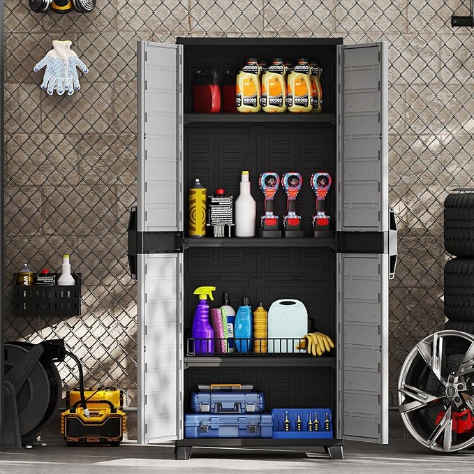 Giantex 68-inches Garage Storage Cabinet, PP Lockable Storage Shed with Doors, Freestanding Tool Locker with 3 Adjustable Shelves, Heavy-Duty Shelving Unit for Pantry, Basement, Laundry Room, Mudroom