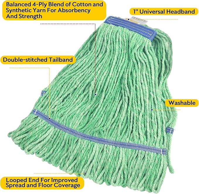 Matthew Cleaning Heavy Duty Mop Head Commercial Replacement for General and Floor Cleaning , Wet Industrial Blue Cotton Looped End String Head Refill (Pack of 6) Green