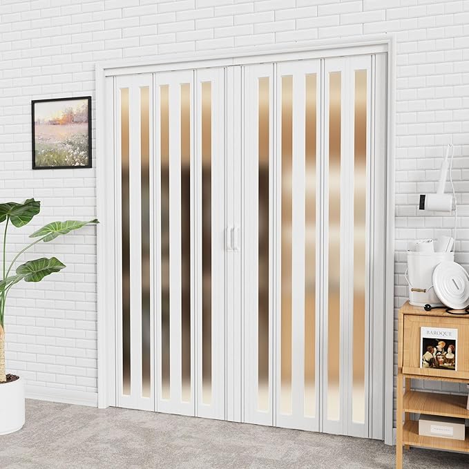 48-72 x 80in (Double 24-36) Accordion Doors Interior Folding Door, 1 Frosted Acrylic Glass PVC Accordion Door with Upgraded Roller & Handle & Complete Hardware for Closet Bathroom Doorways