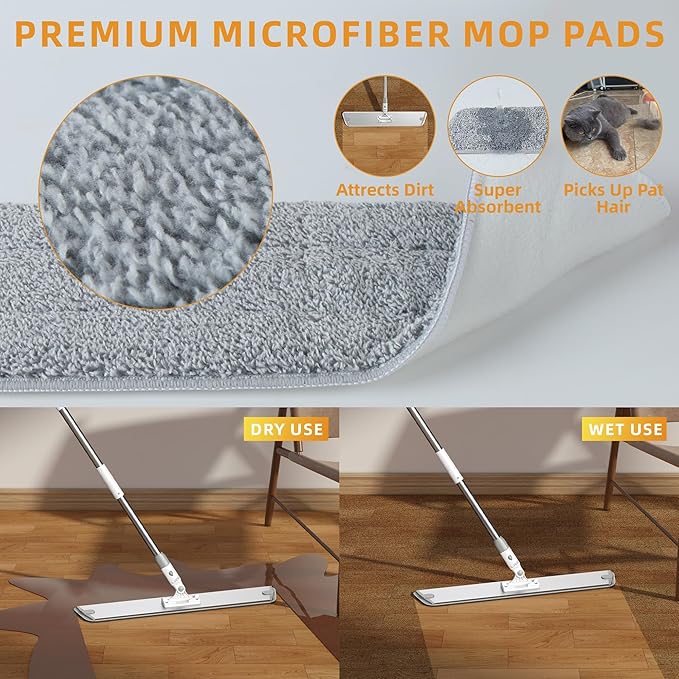 Flat Microfiber Mop for Floor Cleaning, 18 inch (17.7 in/45 cm) Aluminum Base, Adjustable Stainless Steel Handle 29.5 to 52 in, 360-Degree Swivel, Dry & Wet, 4 Washable Pads - LJGG