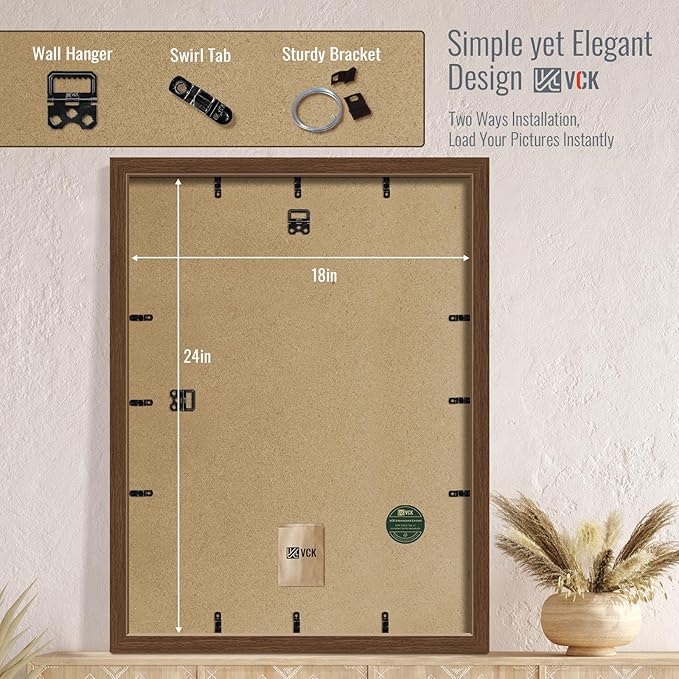 VCK 18x24 Poster Frame 5 Pack - Brown, High-End Wood Picture Frames with Polished Plexiglass, Display 16x20 Photo with Mat or 18x24 without Mat, Art Gallery-Quality, Wall Hanging, Brown