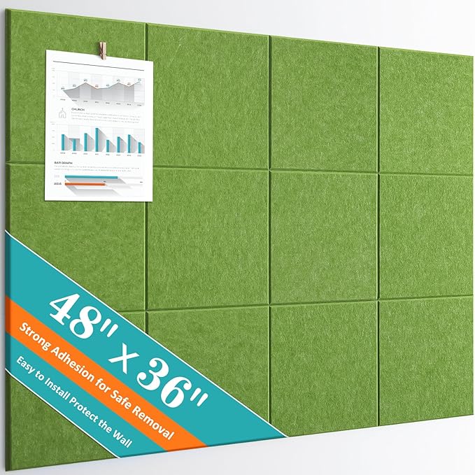 Large Bulletin Board 48" x 36" - 12 Pack Felt Wall Tiles with 60 Pcs Safe Removable Adhesive Tabs & 40 Pcs Pushpins, Cork Board for Office, School & Dart Wall Protector - Sage Green