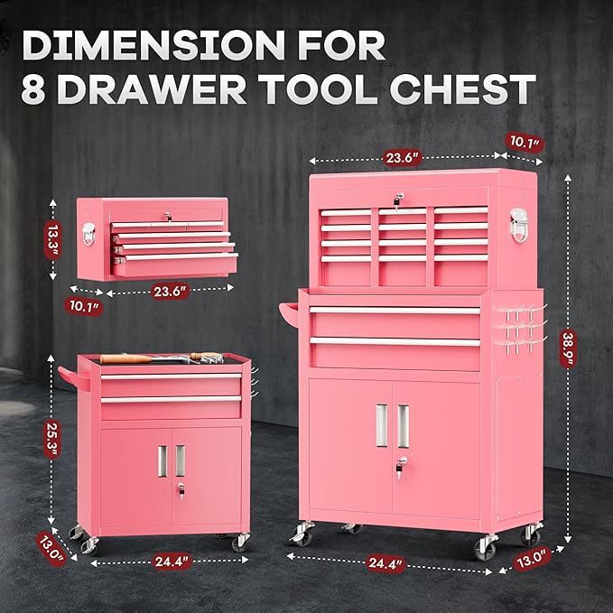 Bonusall 8 Drawer Rolling Tool Chest and Cabinet Combo,Heavy-Duty Metal Garage Tool Chest with Wheels and 2 Doors,2-in-1 Top Box and Roller Cabinet Combo for Garage, Workshop, Warehouse-Pink