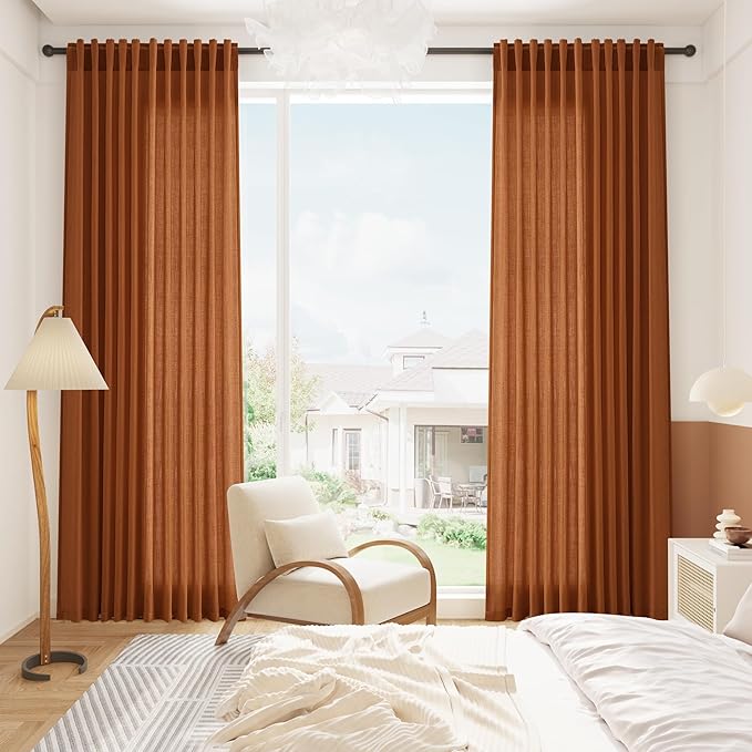 Nanspring Desert Orange Linen Curtains 63 Inches Long for Bedroom Back Translucent Modern Rustic Pinch Farmhouse Coastal Decor Cotton Texture Gauze for Bathroom 2 Panels, 52x63