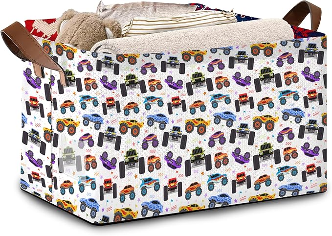 Cartoon Cars Storage Basket Large 17x11.5x10.5 Inche-Collapsible Fabric Organizer Bin with Handles for Bedroom,Living Room, Playroom-Foldable Decorative Hamper with Truck Graphic Design-Single Pack