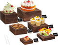 6 Pack Wooden Risers Display Stands with Mini Signs Square Food Risers for Buffet Party Rustic Wood Cake & Cupcake Stands Nesting Box Wooden Crates for Display