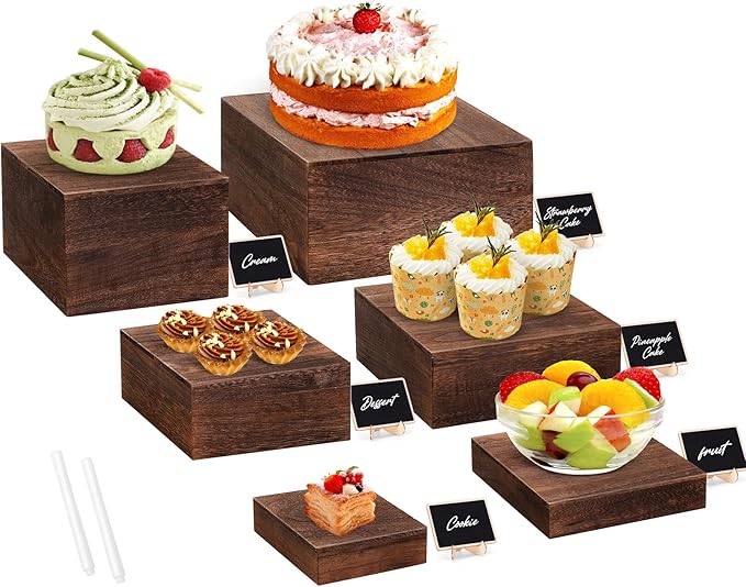6 Pack Wooden Risers Display Stands with Mini Signs Square Food Risers for Buffet Party Rustic Wood Cake & Cupcake Stands Nesting Box Wooden Crates for Display