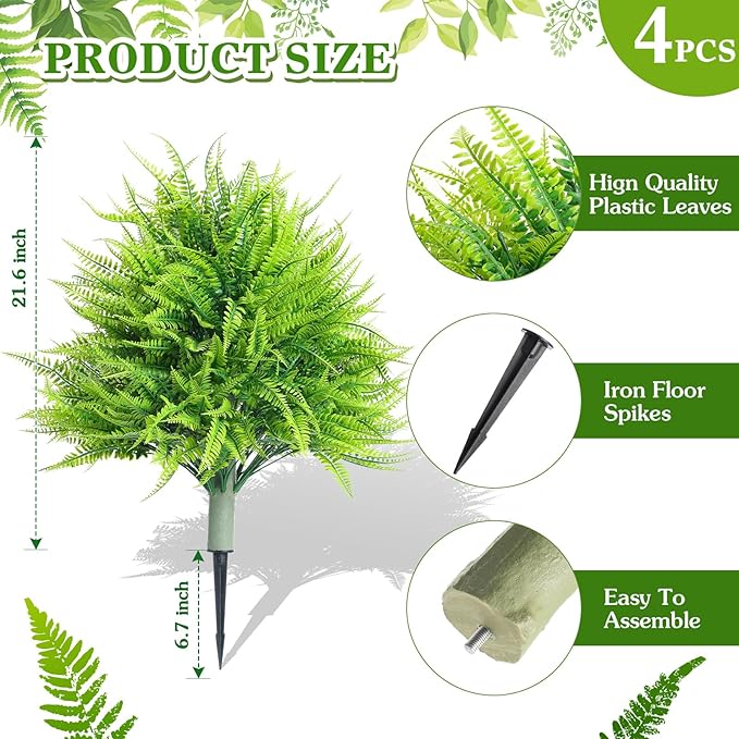 4 Artificial Boston Fern with Integrated Ground Stake 24'' Realistic UV Resistant Faux Plant with Spike for Indoor Outdoor Garden Yard Spring Summer Wedding Decoration