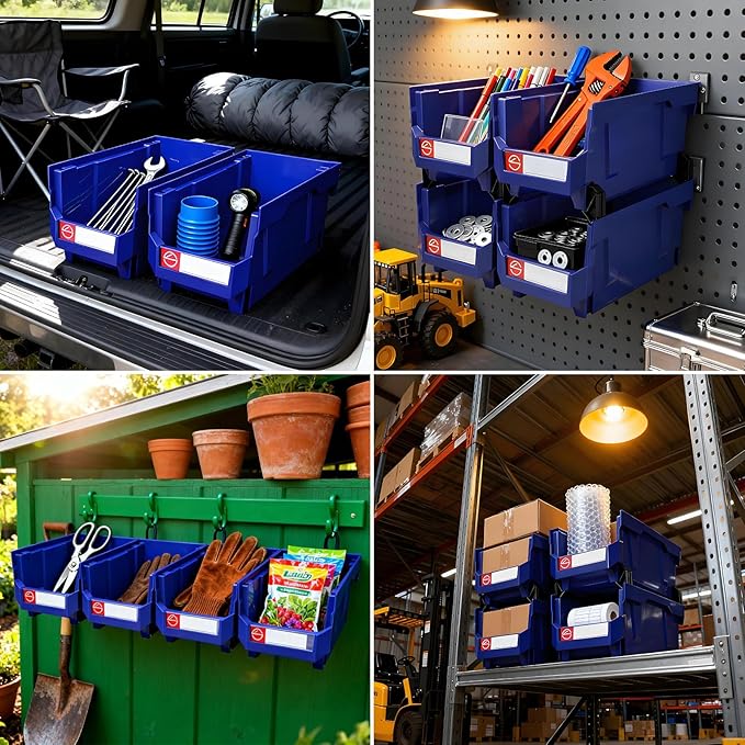4Pack Storage Organizer Boxes,Desk Drawer Organizer, Stackable Storage Bins for Store Tools,Office Supplies,Workshop,Containers Garage(14.84" x 8.39"x 7.01"), Blue