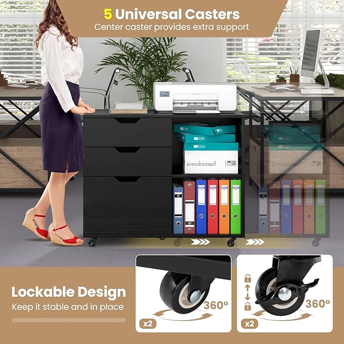 LOKO 3-Drawer File Cabinet, Mobile Printer Stand Cabinet with Adjustable Shelf, Rolling Lateral Filing Cabinet with Wheels for Letter, A4, Legal Size, for Home Office Organization (Black)
