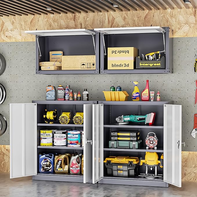 INTERGREAT Metal Garage Storage Cabinet, 36" Lockable Storage Cabinet with 2 Doors and 2 Adjustable Shelves, Steel Grey White File Cabinet Great for Home Office, Garage, Warehouse, Study Room