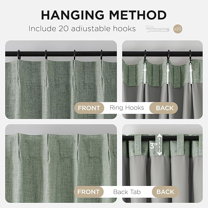 Joydeco Pinch Pleated Curtains - 100% Blackout for Bedroom, Sage Green Linen Curtains 40" W x 84" L, Thermal Insulated 2 Panels Light Blocking Drapes, Back Tabs for Living Room