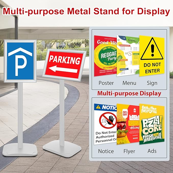 3 Pack Heavy Duty Standing Sign Holder 8.5x11 Inch - Pedestal Floor Sign Stand with Weighted Base - Vertical & Horizontal Poster/Menu Display Stands for Indoor/Outdoor Advertising, Silver