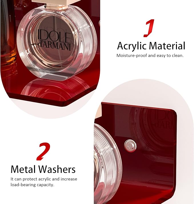 15 Inches Red Acrylic Shelves, Wall Mounted Shelves for Bedroom, Wall Display Shelves for Collectibles, Funko Pop, Speaker, Plants, 2 Pack
