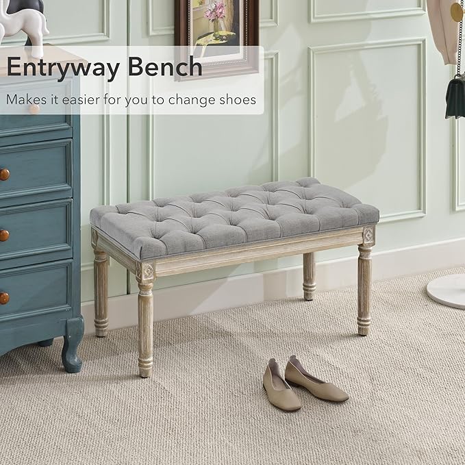 LOULENS French Vintage Bench, Linen Fabric Entryway Bench, Upholstered Tufted End of Bed Bench with Brushed Wood Legs, Grey