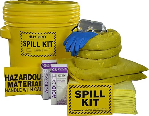 AWF PRO 20 Gallon Battery Acid Spill Kit, 59 Pieces – 20 gal DOT Approved Drum, Socks, Pads & Pillows, & Accessories