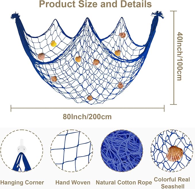 80x40 Inch Decorative Fishing Net w/Shells & Clips, 3mm Thickness Navy Blue Natural Cotton Large Photo Hanging Fishnet, Wall Party Decorations for Nautical Pirate Hawaii Mermaid Themed Party