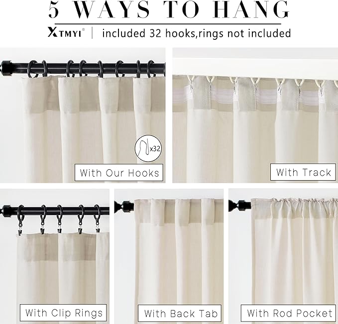 XTMYI Tan Beige Curtains 84 Inches Long for Living Room,Sheer Linen Hooks Pleated Back Tab Light Filtering Semi Opaque Curtains for Bedroom,Set of 2 Panels