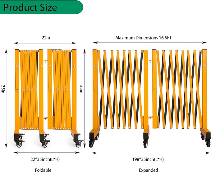 16.5FT Expandable Barricade Gate, Expandable Metal Barricade Gate Alloy Fence and 270 Degrees Direction Adjustment with Wheels, for Industrial or Residential Use (Yellow, 16.5FT)