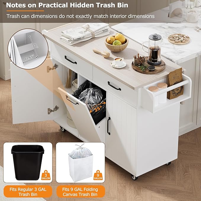 51" Moveable Kitchen Island with Trash Can Storage Cabinet, Kitchen Cart with Drop Leaf, Spice Rack, Towel Rack and Drawer, Rolling Kitchen Island on 5 Wheels with Adjustable Shelf,White