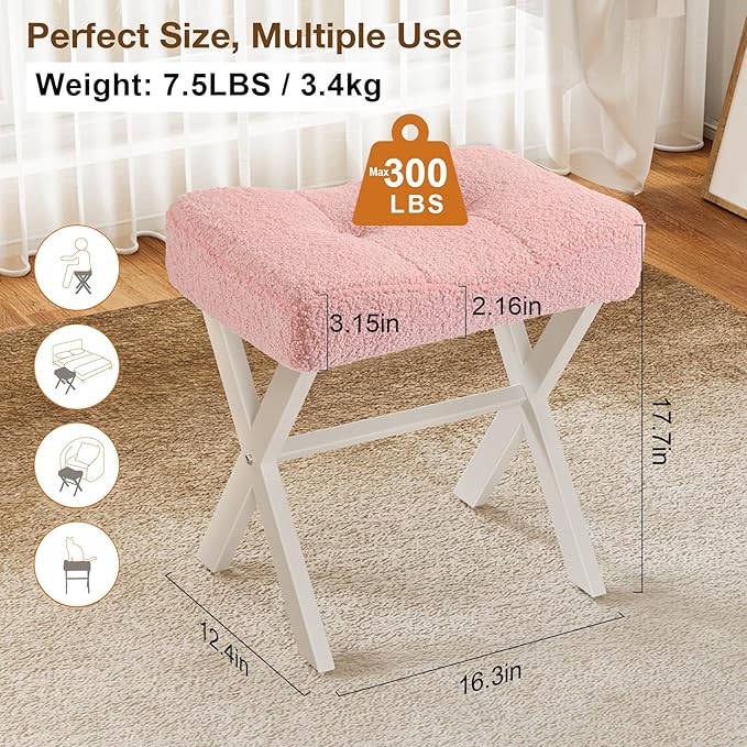 18-Inch Vanity Stool Chair, Vanity Bench with Metal X-Legs, Ottoman Accent Stool with Breathable and Soft Boucle Fabric Saddle Seat, Pink
