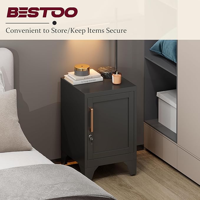 Bestoo Metal Locking Cabinet, 23.6" H Locker with 1 Magnetic Door and 1 Adjustable Shelve, Small Lockable Nightstand, Black Bedside Storage Cabinets for Bedroom, Home, Office, School