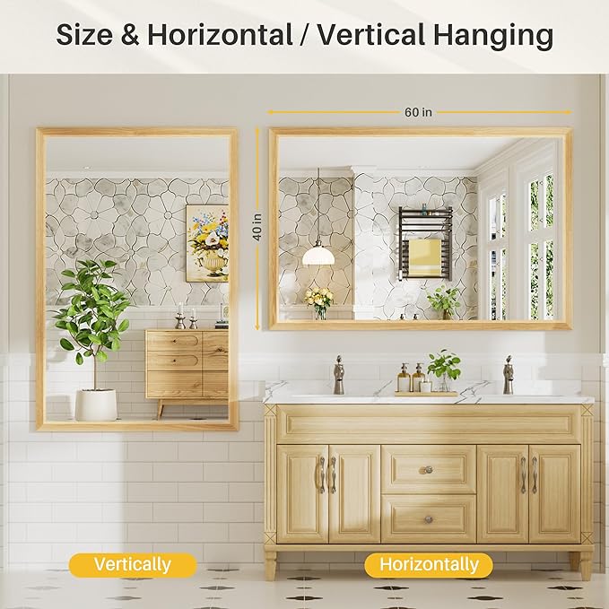 60x40 Inch Bathroom Mirror for Wall, Anti-Rust Oak Wood Grain Metal Framed Bathroom Mirrors for Over Sink,Rectangler Mirrors for Bathroom Vanity, Farmhouse, Bedroom, Living Room, Entryway Decor